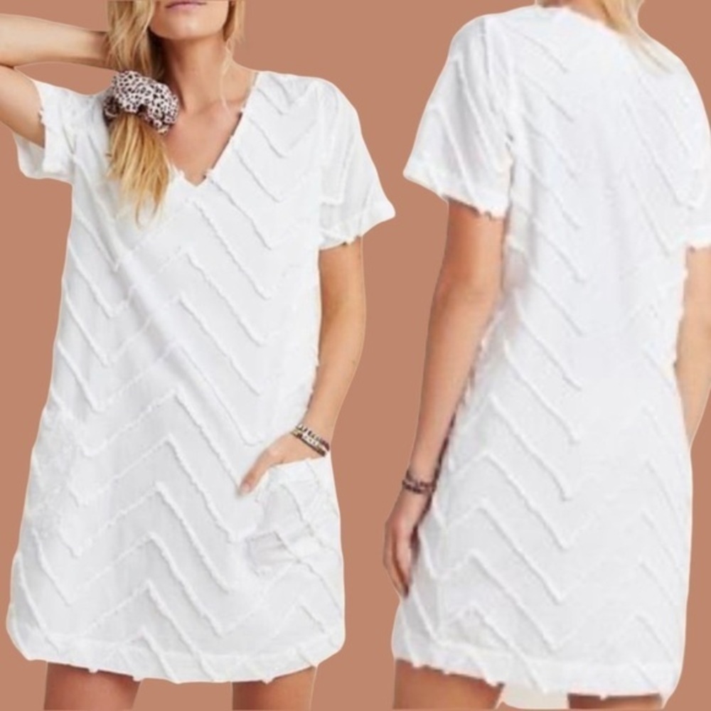 PORRIDGE for Anthropologie white short loose dress with chevron fuzzy pattern